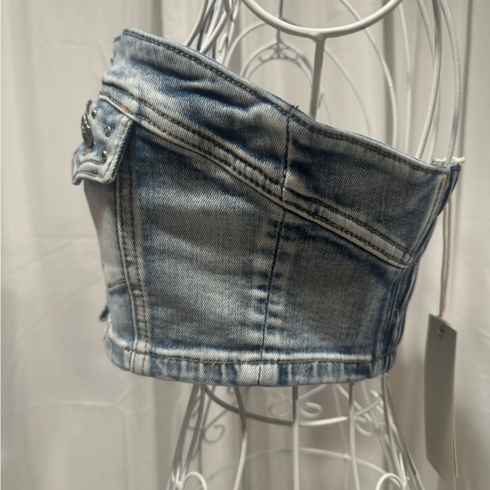 Miss Me Denim Strapless Crop Top - Picture 5 of 5